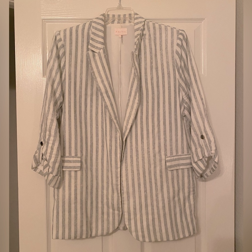 Sage green and white striped button tab blazer